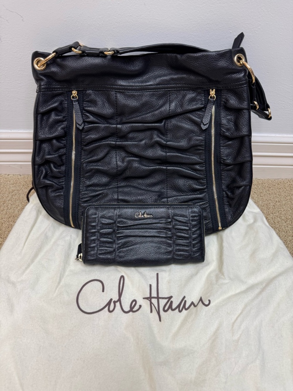 Cole Haan Black Ruched Leather Shoulder Bag with Matching Wallet